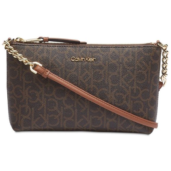 Calvin Klein Brown Leather Hayden Signature Crossbody Handbag